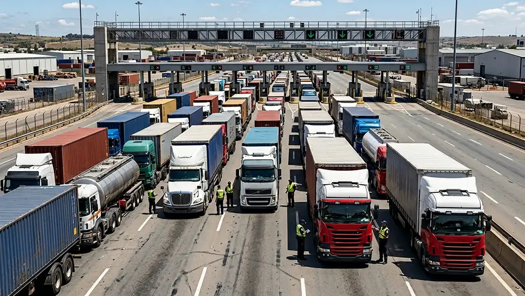 Line of semi-trucks queued at a toll plaza under an overhead gantry, with workers guiding traffic in high-visibility vests.