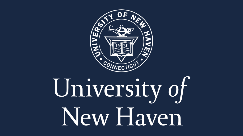 Seal of the University of New Haven on a navy background, with large 'University of New Haven' text beneath the seal.