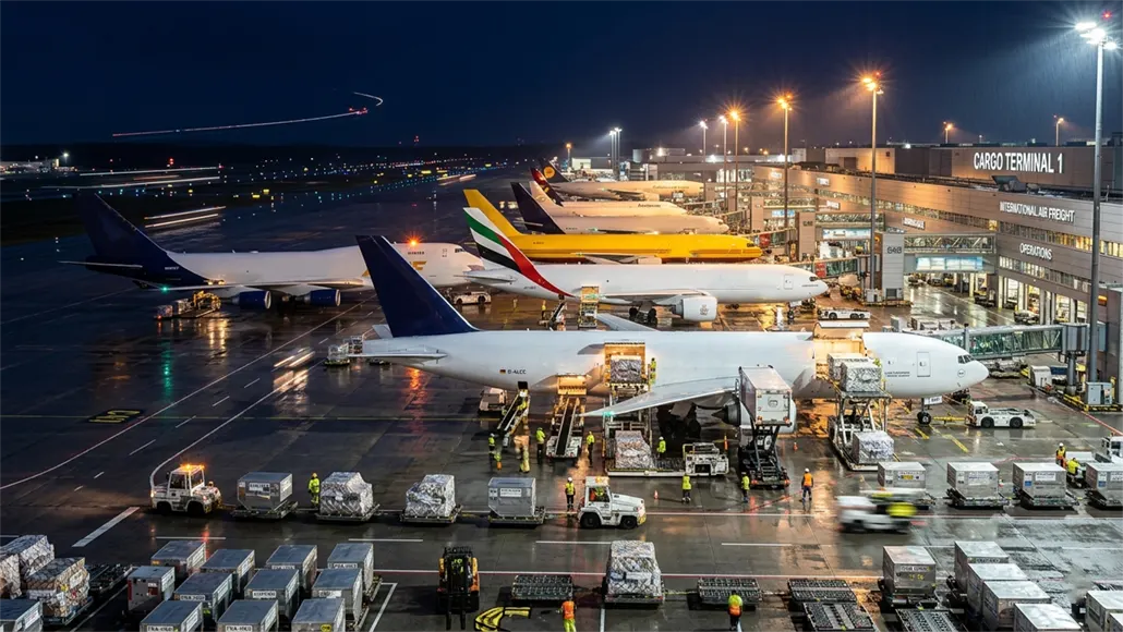 Nighttime view of a busy cargo airport with several airplanes docked at gates and crates being loaded on the tarmac.
