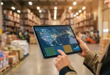 Transervice Introduces FLEETCHAIN Freight Visibility Tool Person in a warehouse holds a tablet displaying a global network map.