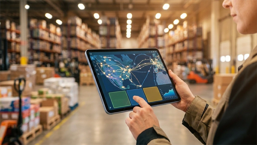 Person in a warehouse holds a tablet displaying a global network map.