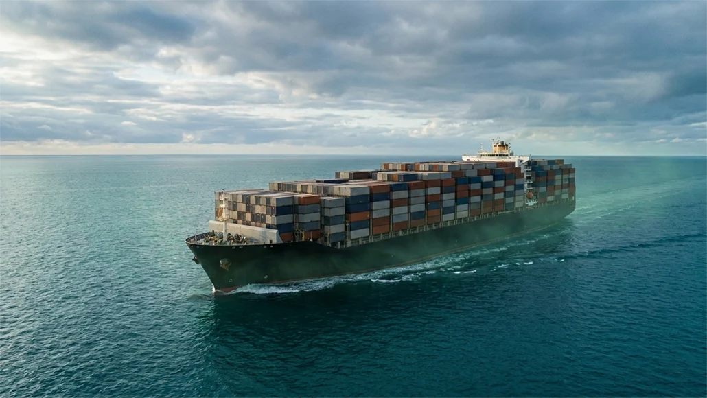 Large container ship sailing in calm blue sea under a cloudy sky, stacked with colorful cargo containers.
