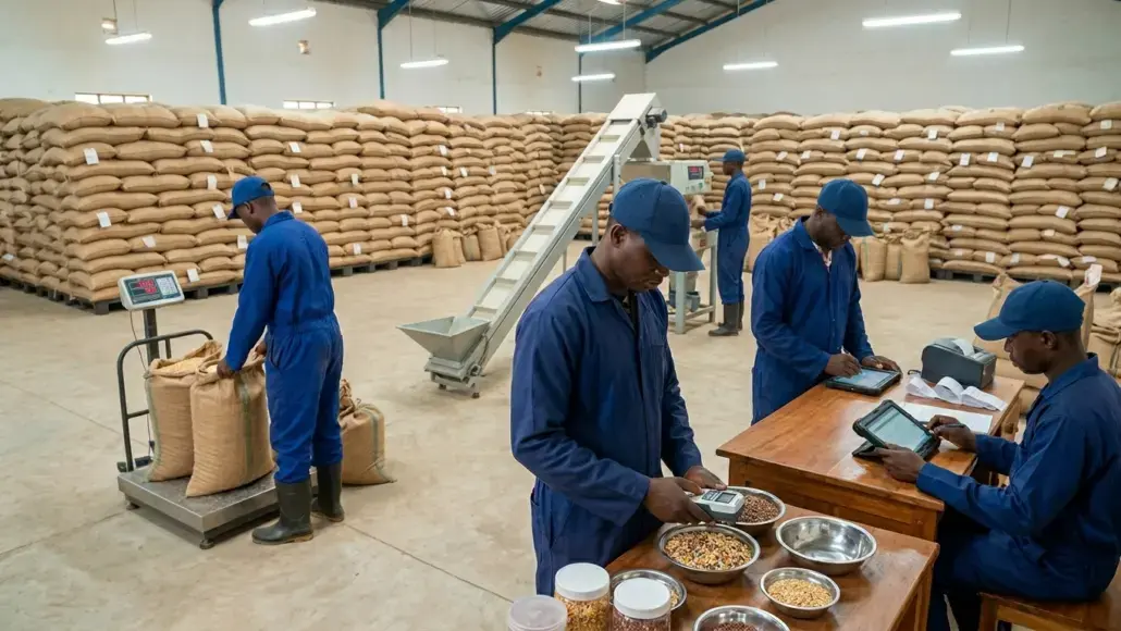 Warehouse with tall stacks of burlap grain sacks; workers in blue coveralls weigh bags on scales nearby a conveyor belt.