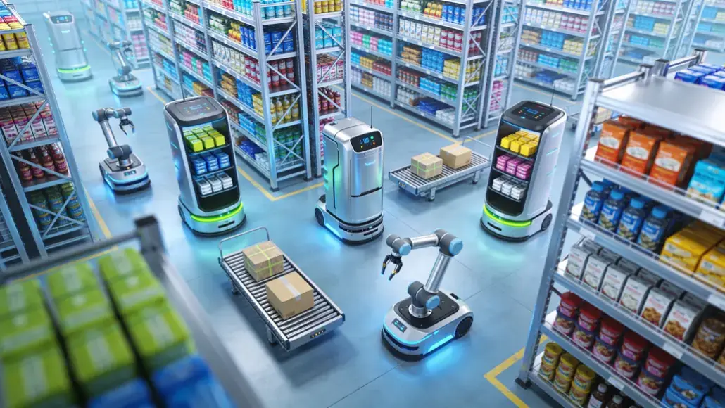 Futuristic supermarket with autonomous robots delivering items and restocking shelves.