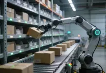 Robotic Picking Systems Enhancing Fulfillment Speed Robotic arm places a cardboard box onto a conveyor in a warehouse setting.
