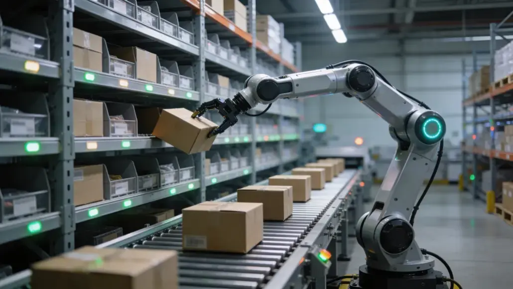 Robotic arm places a cardboard box onto a conveyor in a warehouse setting.