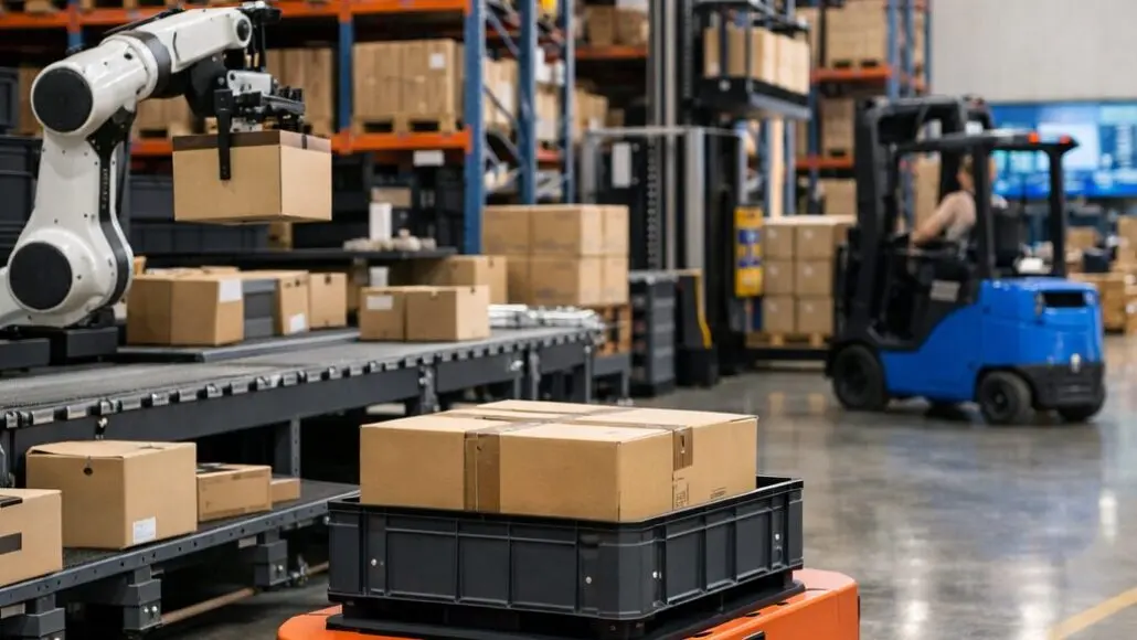 Robotic arm lifts a cardboard box onto a pallet in a busy warehouse with shelves and a forklift in the background, conveying automation in logistics.
