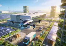 Sustainable Logistics Automation Reducing Carbon Impact Futuristic urban scene with a drone flying over solar panels, trucks, and green terraces in a sunlit eco-friendly cityscape
