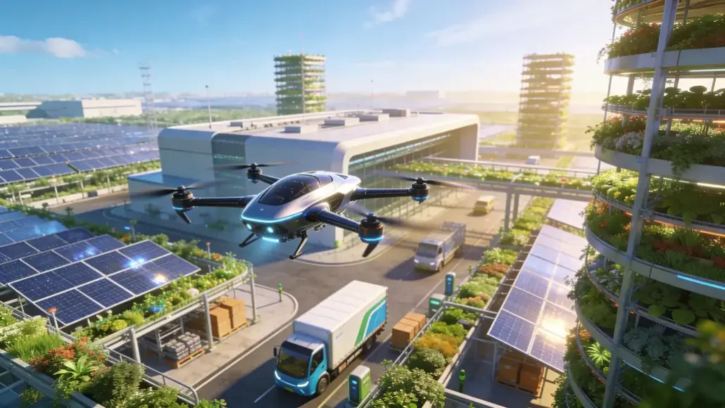 Futuristic urban scene with a drone flying over solar panels, trucks, and green terraces in a sunlit eco-friendly cityscape
