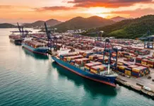 DP World Enhances Logistics Capacity in Dominican Republic Container port at sunset with blue cargo ships, stacked colorful containers, and cranes along the quay at the water's edge.