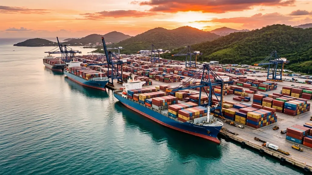 Container port at sunset with blue cargo ships, stacked colorful containers, and cranes along the quay at the water's edge.