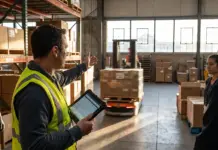 Enhanced AI Functionality in Warehouse Management by Infios Warehouse supervisor in a high-visibility vest explains procedures to staff, holding a tablet in a cluttered warehouse with boxes and a forklift in the background