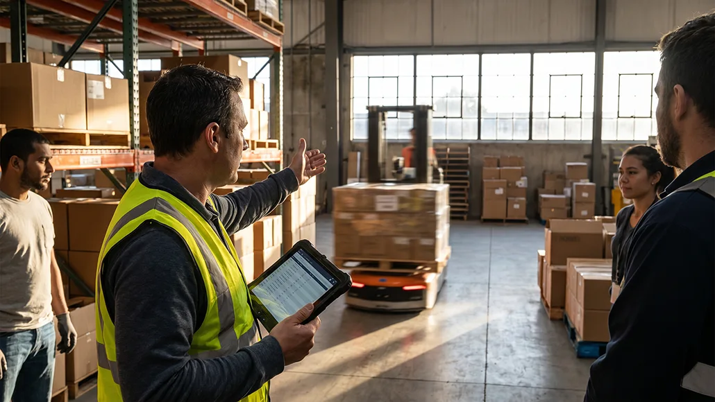 Warehouse supervisor in a high-visibility vest explains procedures to staff, holding a tablet in a cluttered warehouse with boxes and a forklift in the background