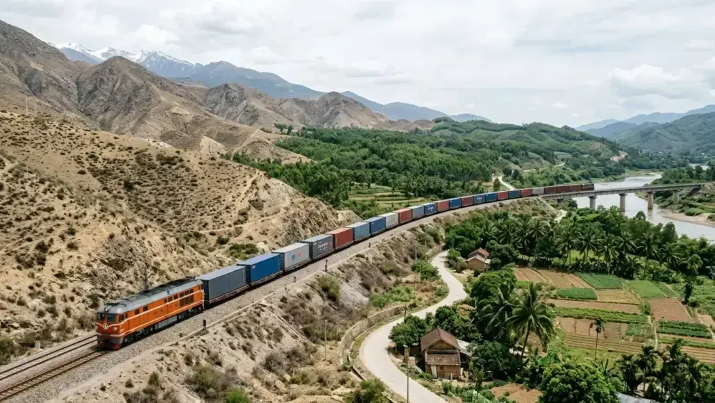 Orange freight locomotive pulling a long line of colorful shipping containers along a mountain railway beside a river valley.