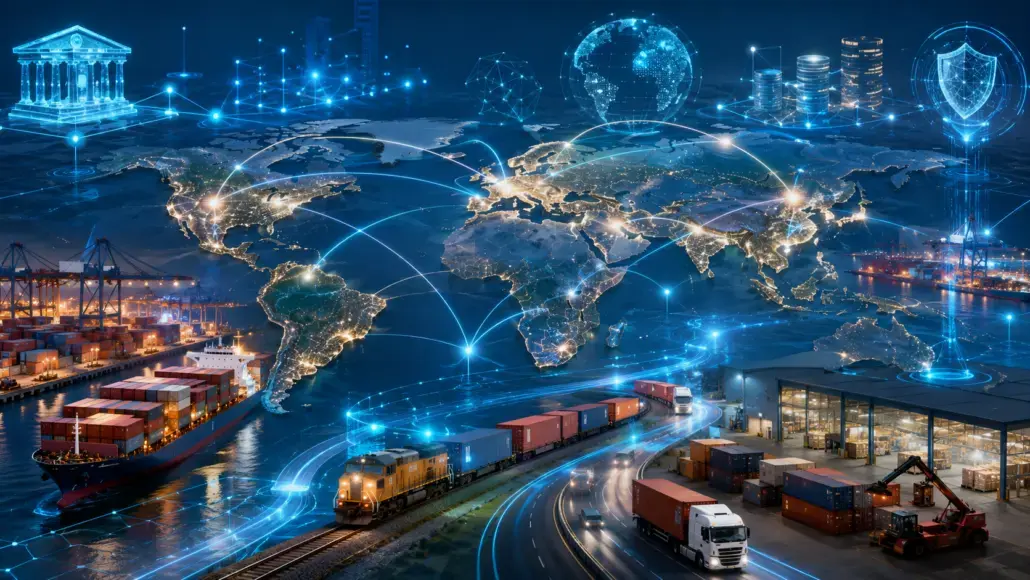 Global logistics network with ships, trucks, trains, and glowing connection lines over a world map for international trade.