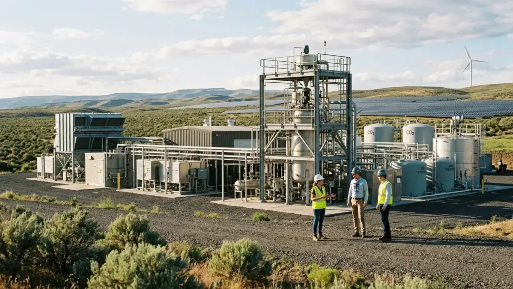 Industrial energy site with large machinery and storage tanks in a rural landscape; four workers in safety vests and hard hats discuss the equipment (wind turbine visible in distance).