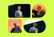 Authorities Evaluate 10x Innovation by o9 At Aim10x Europe Collage of a man in a blue blazer giving a presentation on stage, shown in four rounded panels on a neon green background.