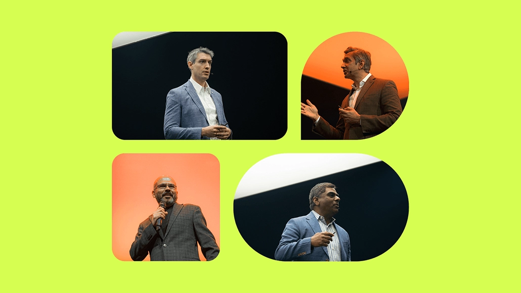 Collage of a man in a blue blazer giving a presentation on stage, shown in four rounded panels on a neon green background.