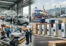 Thailand Receives $4.1bn in EV Supply Chain Funding Industrial collage showing car assembly inside a factory, with robotic arms and workers, plus a port scene with containers and EV charging stations in the background.