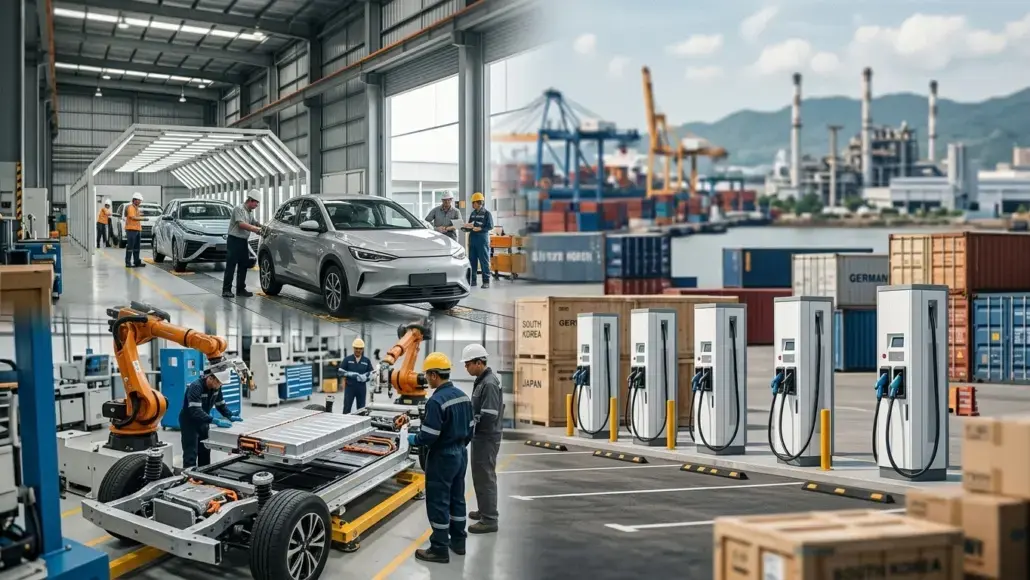 Industrial collage showing car assembly inside a factory, with robotic arms and workers, plus a port scene with containers and EV charging stations in the background.