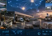 Enlarged Facilities in Midwest and Texas by SEKO Logistics Logistics yard with trucks, pallets, and an airplane, overlaid by a global network map and multiple analytics panels.