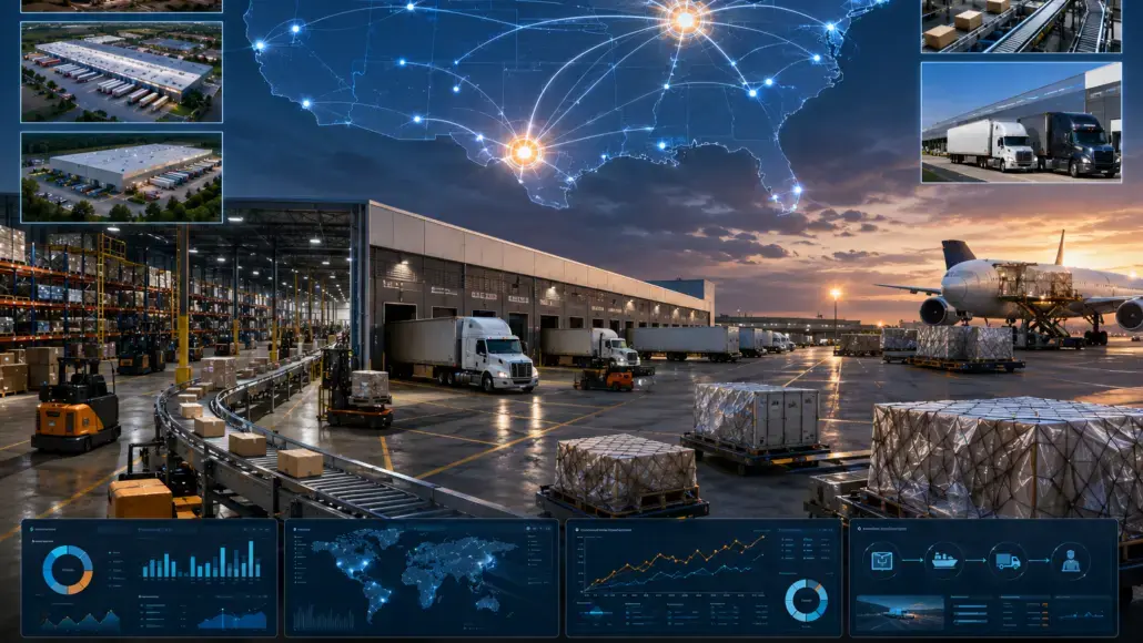 Logistics yard with trucks, pallets, and an airplane, overlaid by a global network map and multiple analytics panels.