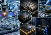 MOU to Develop a Fully Integrated Chip Supply Chain Collage of advanced semiconductor manufacturing: robotic arms assembling chips, wafer surfaces, and high-tech factory lighting in a cleanroom setting.