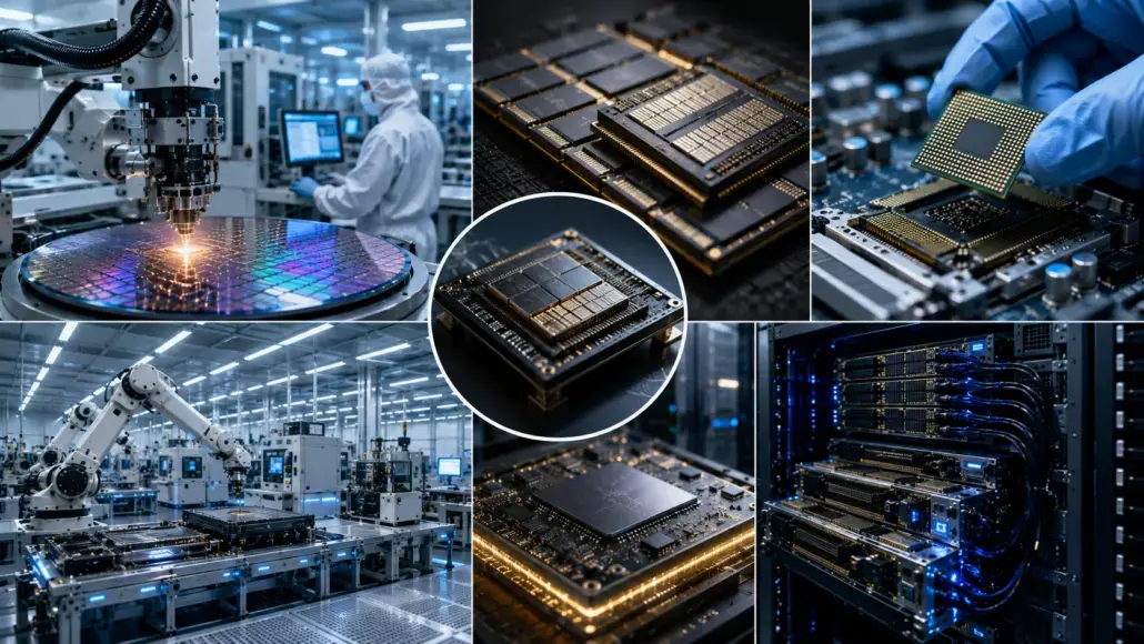Collage of advanced semiconductor manufacturing: robotic arms assembling chips, wafer surfaces, and high-tech factory lighting in a cleanroom setting.