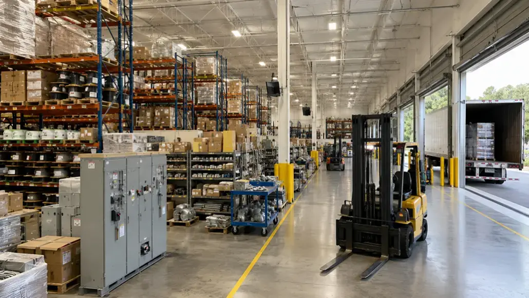 Warehouse interior with tall racks and pallets; a yellow forklift sits by the loading bays with a truck outside visible through the open dock doors.