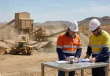 Korea, Australia Partner to Build Rare Earth Supply Chain Two construction workers in hard hats and high-vis vests review documents at a dusty mining site.
