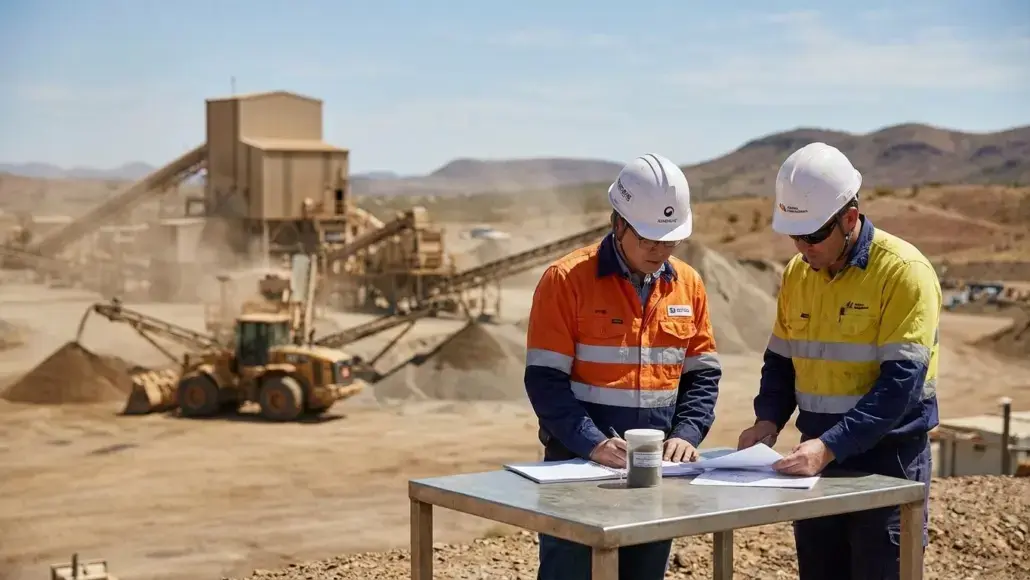 Two construction workers in hard hats and high-vis vests review documents at a dusty mining site.