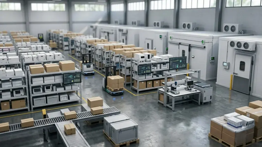 Automated warehouse with robotic carts, conveyor belts, and shelves full of boxes.