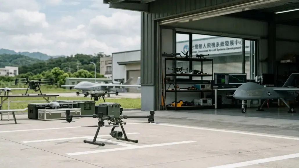 Quadcopter drone with camera on its landing gear on a tarmac, near a hangar with more drones and equipment.