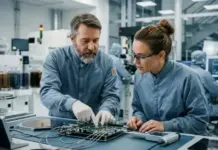 Intel, Fortinet Partner to Make Global Supply Chain Robust Two technicians in blue cleanroom coats assemble and inspect a circuit board at a lab workstation.