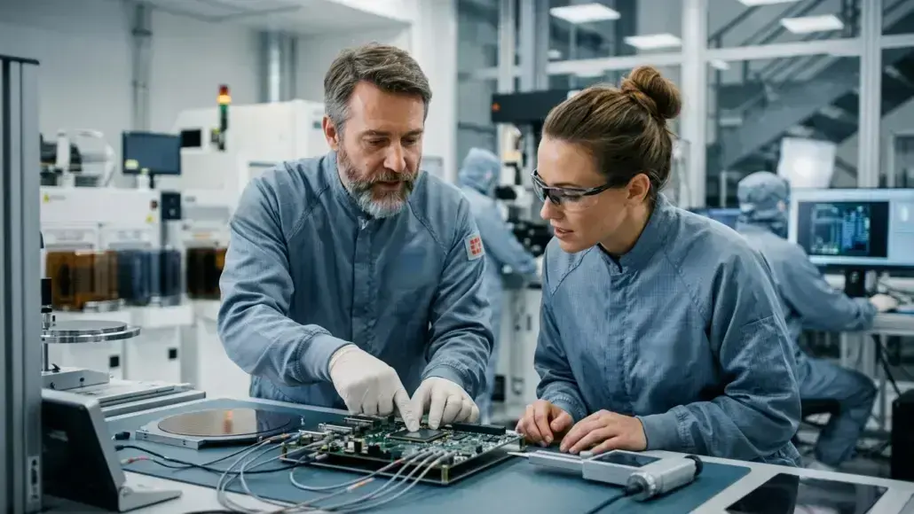 Two technicians in blue cleanroom coats assemble and inspect a circuit board at a lab workstation.