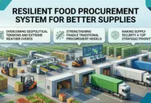 Resilient Food Procurement System for Better Supplies Infographic of a modern food supply yard with trucks, pallets, and three top banners about resilient procurement topics: tensions, models, security.