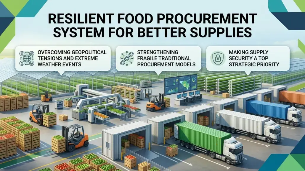 Infographic of a modern food supply yard with trucks, pallets, and three top banners about resilient procurement topics: tensions, models, security.