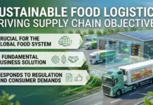 Sustainable Food Logistics Driving Supply Chain Objectives Infographic-style image about sustainable food logistics, showing trucks and a solar-powered warehouse with three objective banners: global system, business solution, and regulatory/consumer demands.