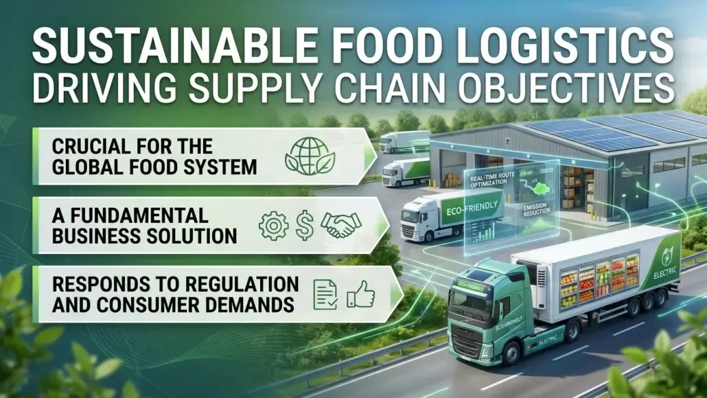 Infographic-style image about sustainable food logistics, showing trucks and a solar-powered warehouse with three objective banners: global system, business solution, and regulatory/consumer demands.