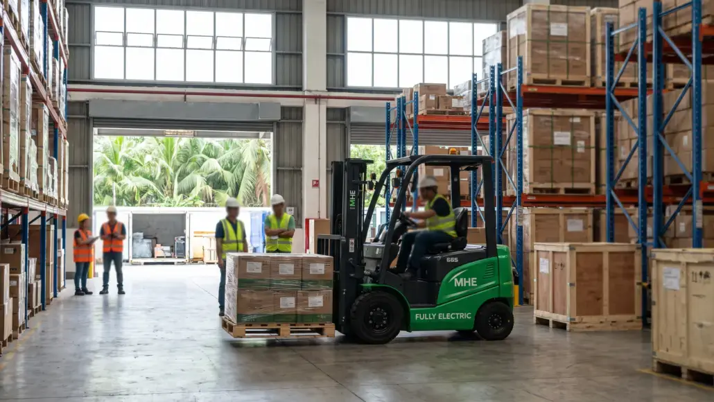 Green fully electric forklift lifting a pallet in a spacious warehouse as workers in safety vests and hard hats observe nearby by the loading bay.
