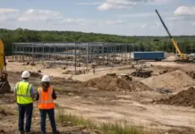 1mn sqft. Retail Distribution Facility by Amazon in Norwich Two construction workers in hard hats and high‑visibility vests overlook a large building under construction with a steel frame and heavy machinery nearby.