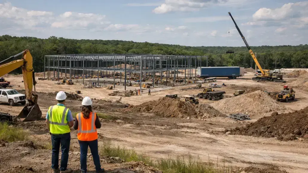 Two construction workers in hard hats and high‑visibility vests overlook a large building under construction with a steel frame and heavy machinery nearby.