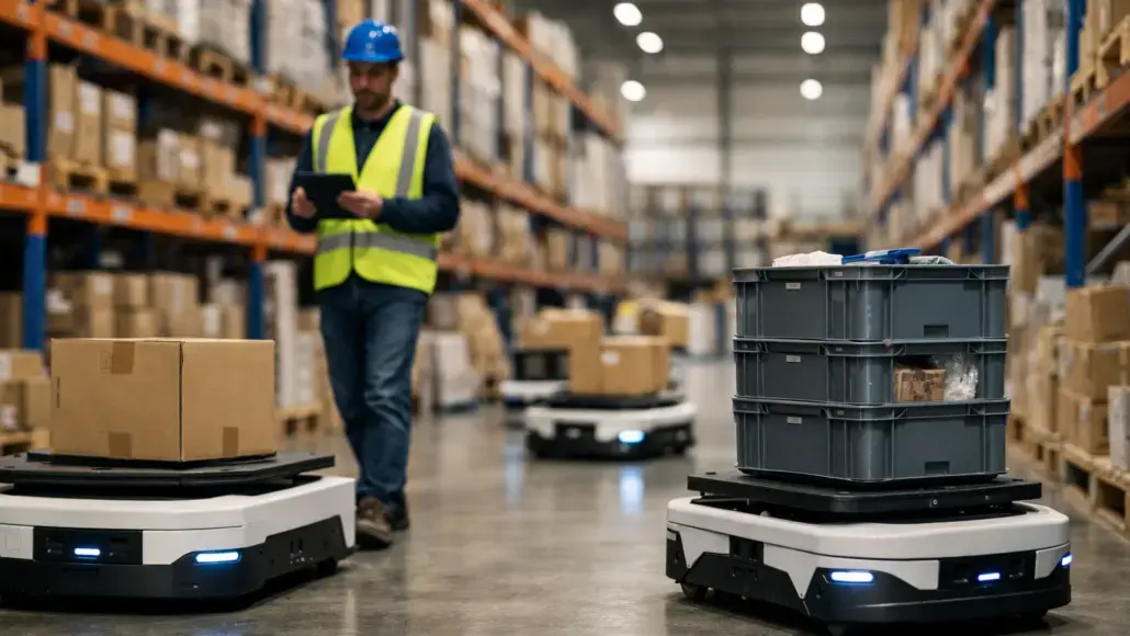 Warehouse scene with autonomous delivery robots and a worker in a high-visibility vest using a tablet to monitor operations.