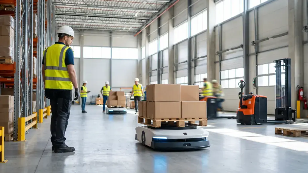 Autonomous pallet robot moving a stack of boxes in a bright warehouse while workers in hard hats and hi-vis vests observe.
