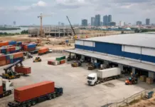 Cambodia Container Freight Station Boost by Kuehne+Nagel Busy container yard and warehouse with trucks, forklifts, and cranes; city skyline in the distance for scale.