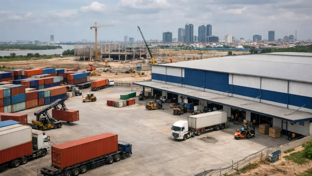 Busy container yard and warehouse with trucks, forklifts, and cranes; city skyline in the distance for scale.