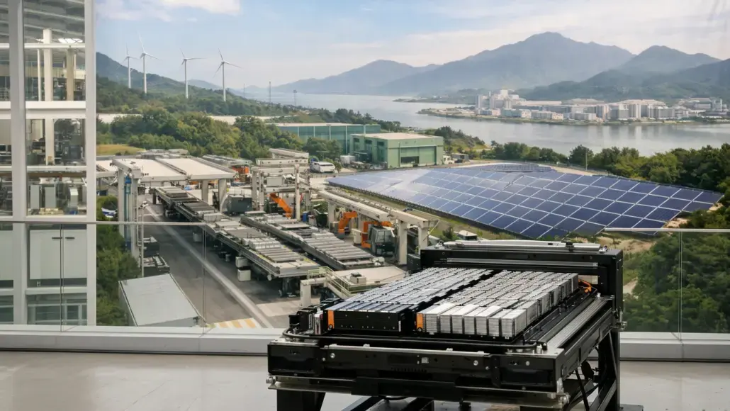 High-tech equipment rack with stacked modules in a bright indoor space, overlooking an outdoor energy plant with solar panels, wind turbines, and distant mountains across a river valley.