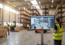 Digital Twins Optimizing Warehouse Layout and Operations Warehouse with tall racking and workers in high-visibility vests; a large monitor shows a warehouse surveillance view.