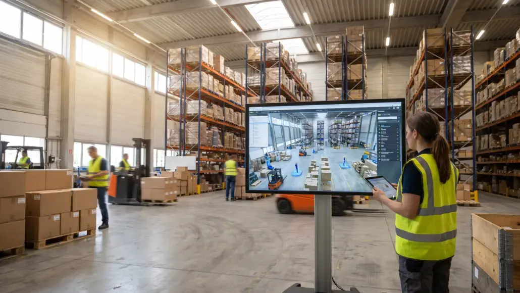 Warehouse with tall racking and workers in high-visibility vests; a large monitor shows a warehouse surveillance view.