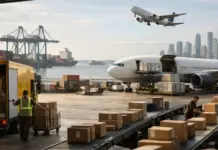 UPS Invests Over $2b on Global Supply Chain Solutions Cargo plane at an airport cargo terminal as workers load boxes from a truck onto a conveyor belt outside the aircraft.
